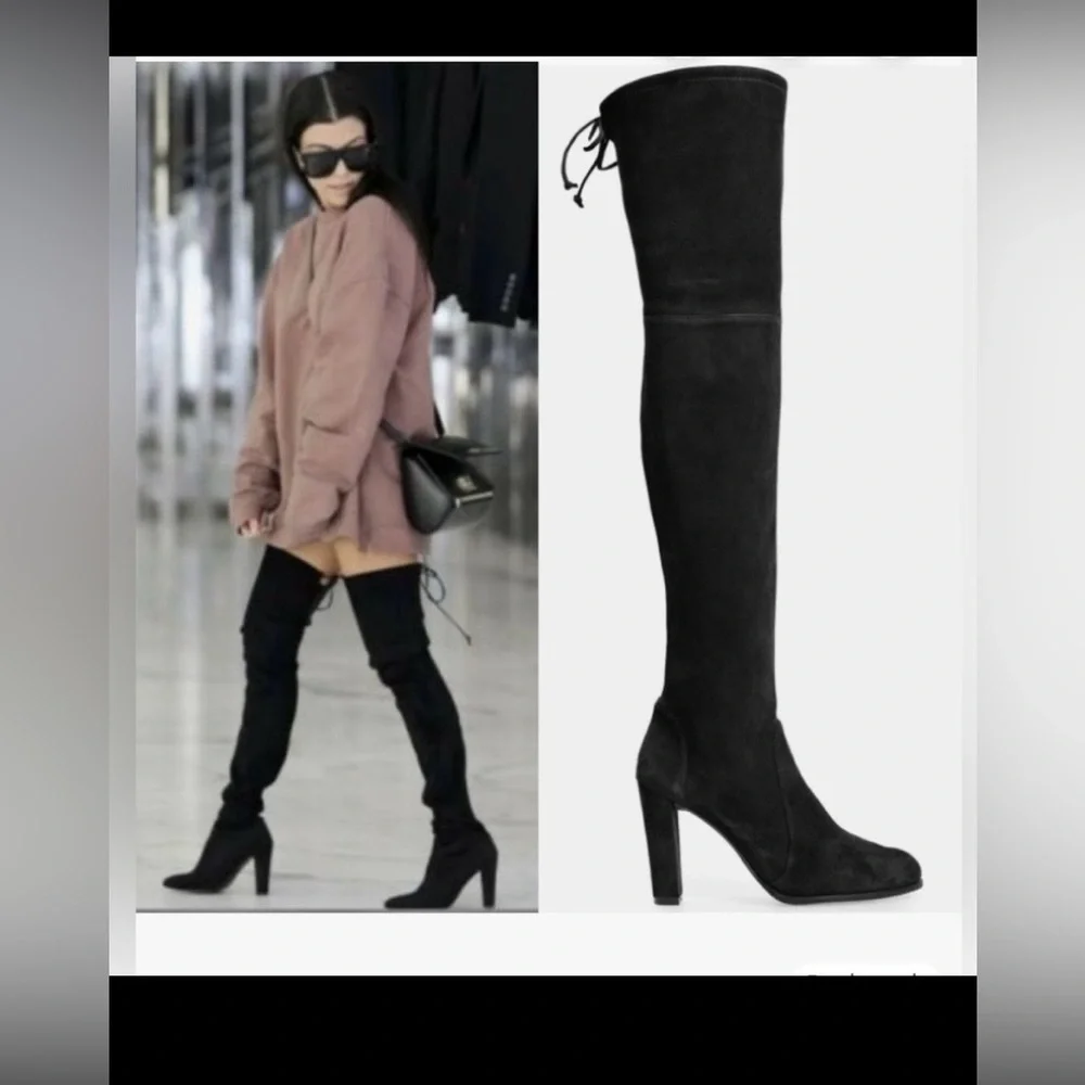 Stuart Weitzman Highland Boots Platform Heeled Over Knee in Black Suede Size 8